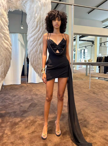 Sexy Sheath Straps Butterfly Sequin Black Chiffon Short Homecoming Dress Cocktail Dress HZ1023